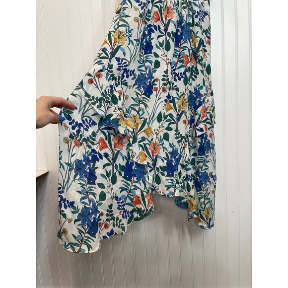 Parker Silk Cold Shoulder Floral Midi Dress Womens Size M Blue Asymmetrical - Picture 5 of 8